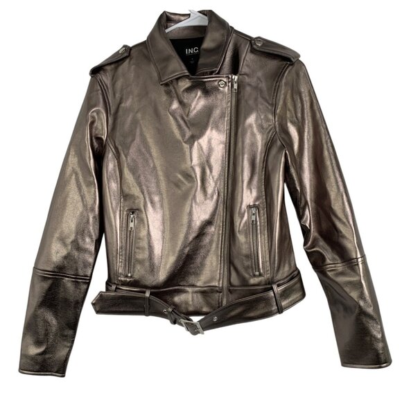 INC Womens Small Metallic Faux Leather Moto Jacket With Belt NWT - Picture 2 of 9